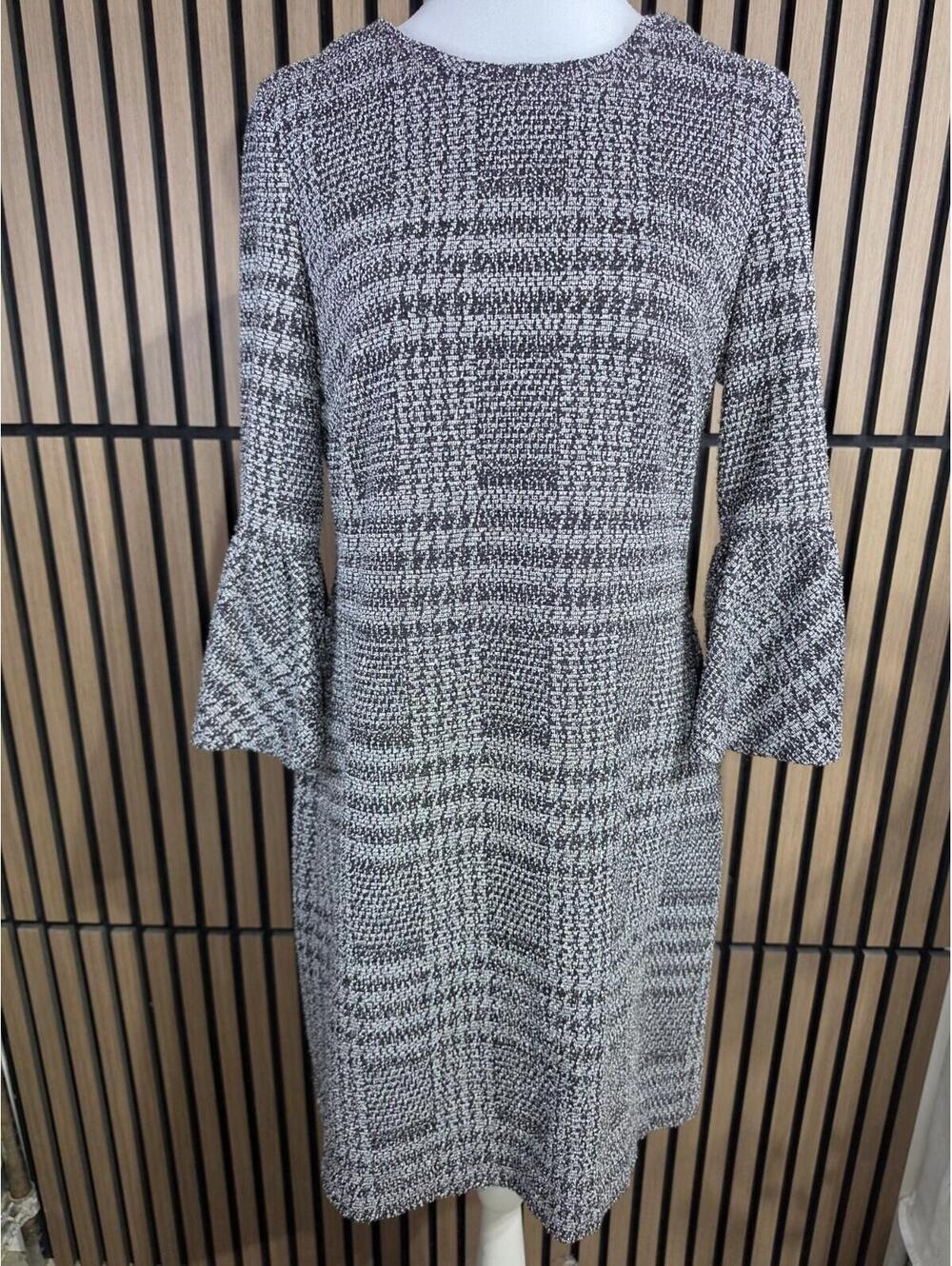 Calvin Klein Tweed Shift Dress 10 Black White Plaid Bell Sleeve Knee Zip